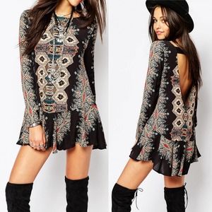 Free People Mini Dress Cut Out Back Long Sleeve Jersey Knit Womens Size XS